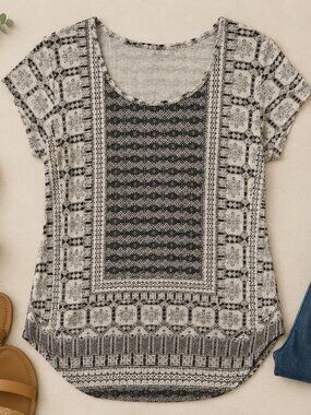Lucky Brand Boho Print Scoop Neck Tee Size M Black White Cotton Modal Blend